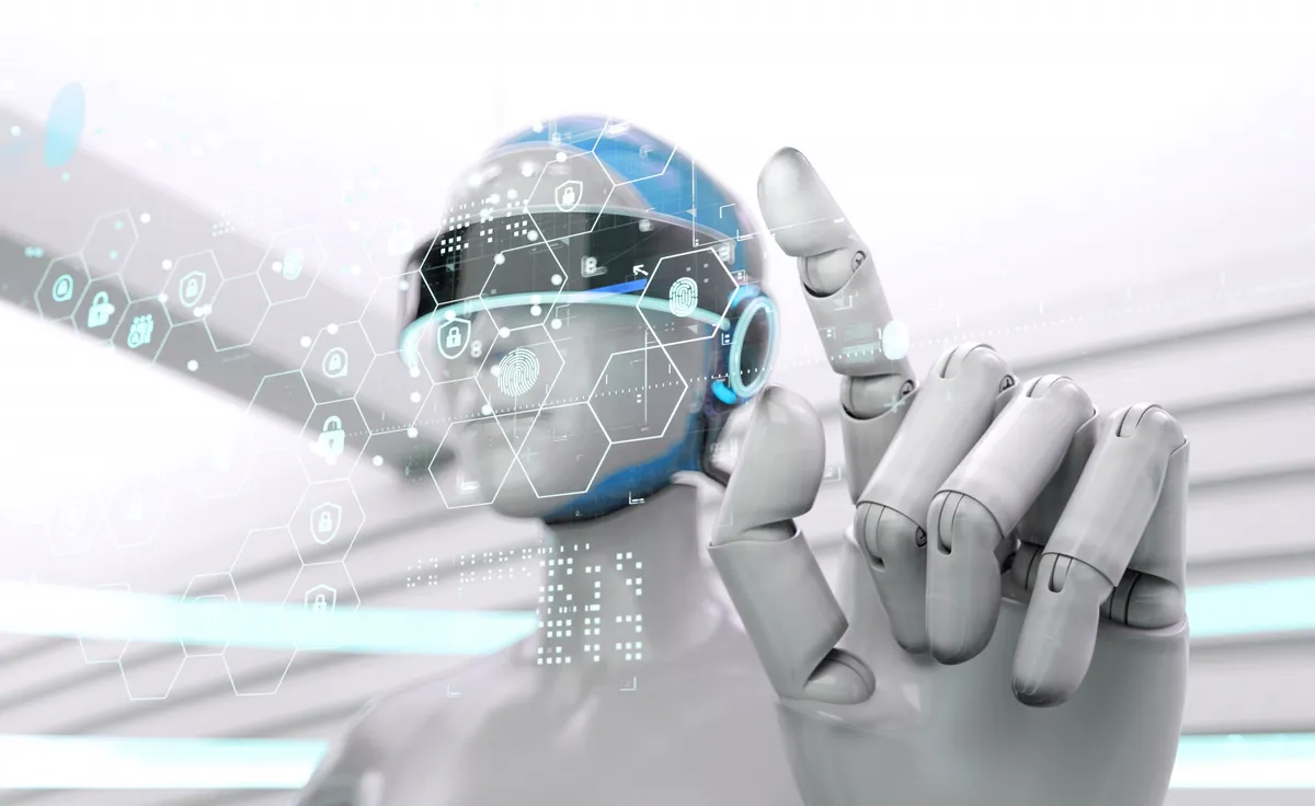 VRヘッドセット装着のAIロボット