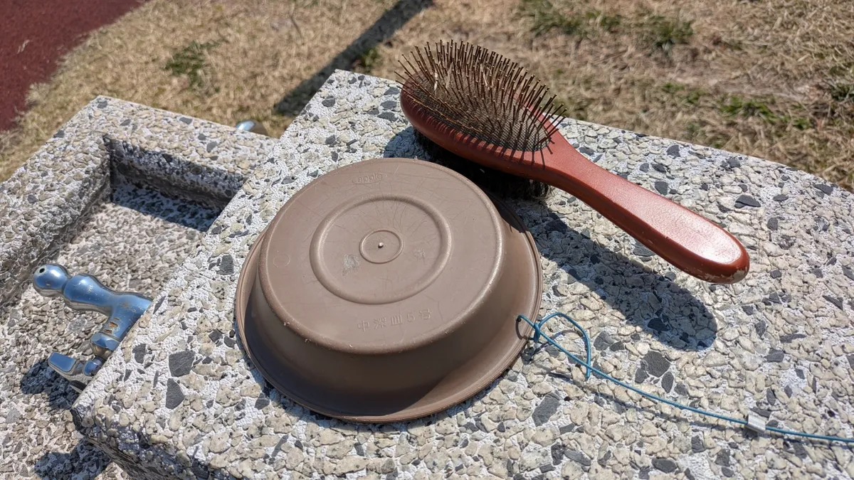 神社の手水舎と清掃ブラシ