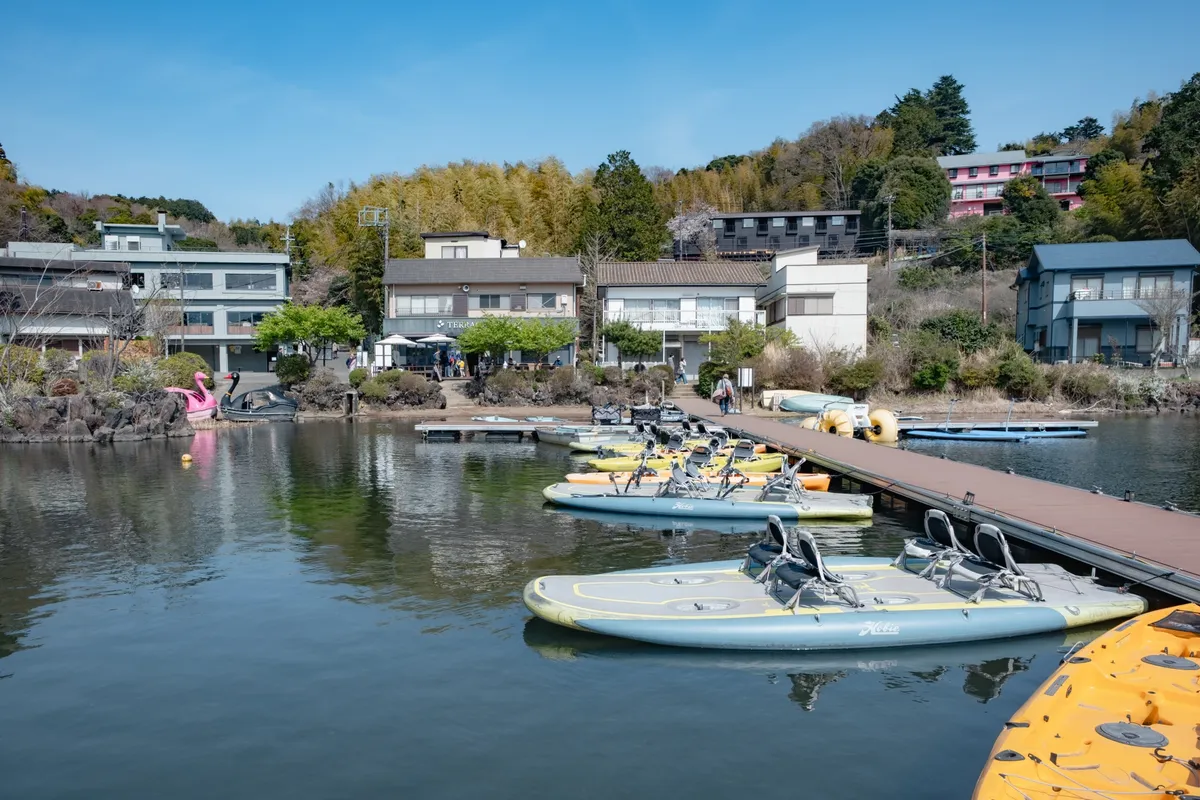 湖の桟橋とSUPボード