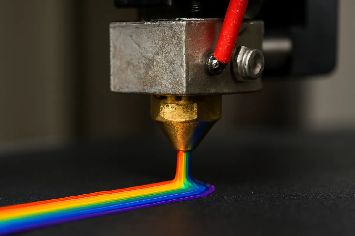 3Dプリンターの造形プロセス、フィラメント装填、キャリブレーション、スライサー設定、実践的なワークショップシーンを示す複数の角度からの写真。