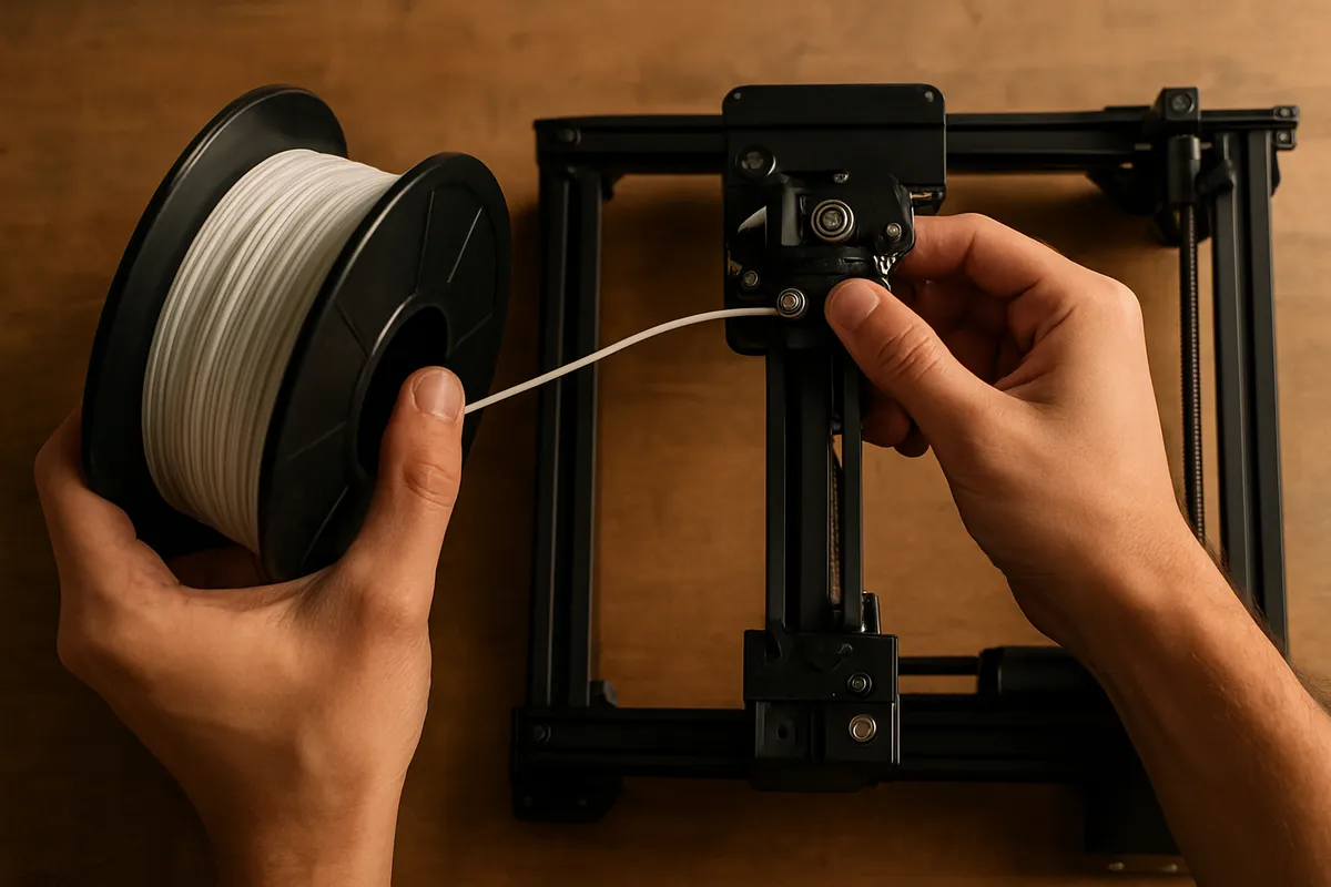 3Dプリンターの造形プロセス、フィラメント装填、キャリブレーション、スライサー設定、実践的なワークショップシーンを示す複数の角度からの写真。