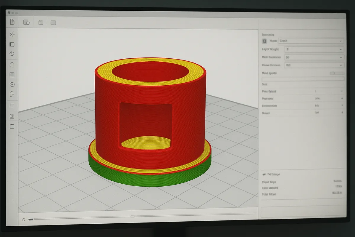 3Dプリンターの造形プロセス、フィラメント装填、キャリブレーション、スライサー設定、実践的なワークショップシーンを示す複数の角度からの写真。