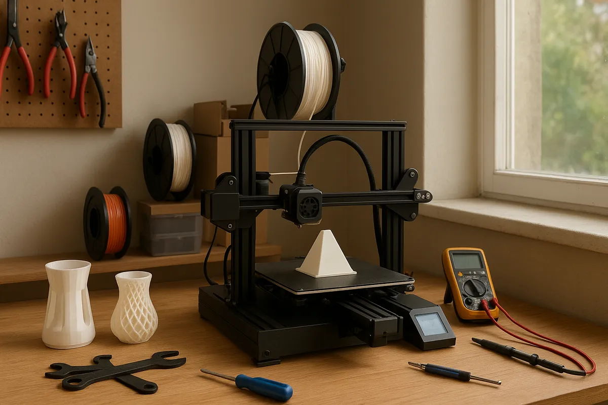 3Dプリンターの造形プロセス、フィラメント装填、キャリブレーション、スライサー設定、実践的なワークショップシーンを示す複数の角度からの写真。