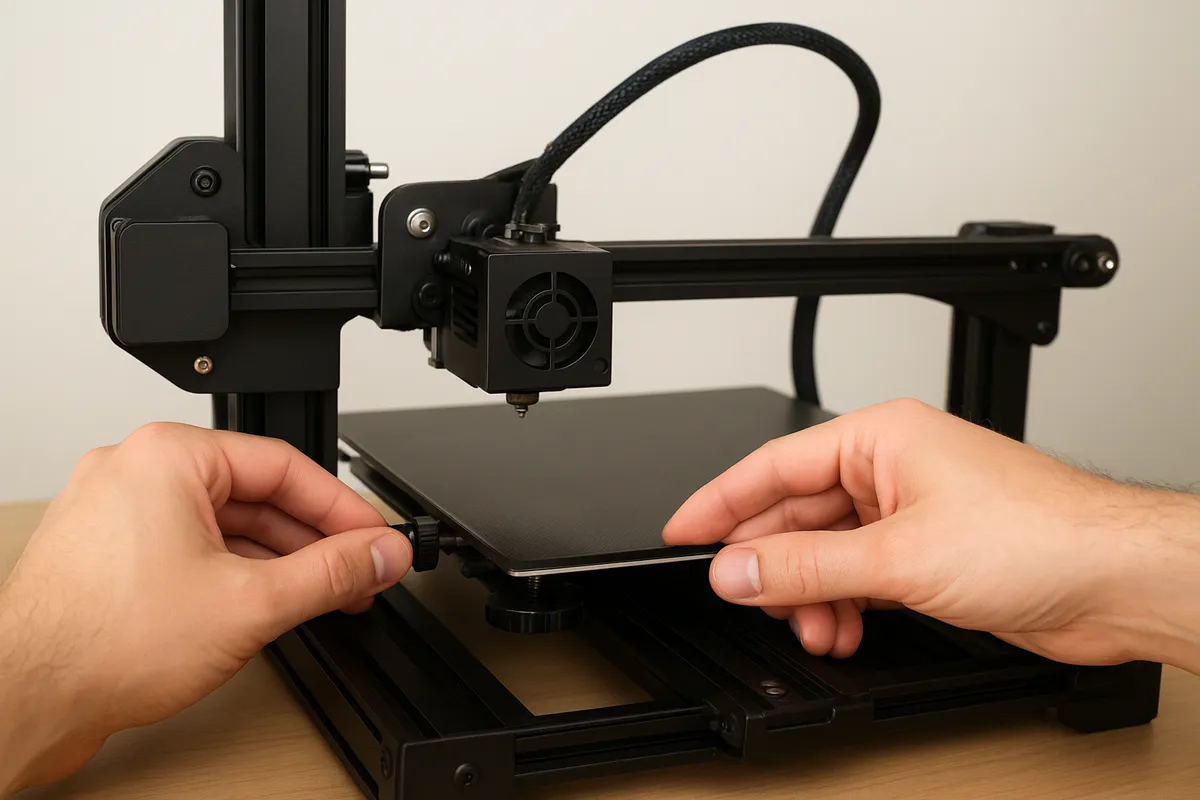 3Dプリンターの造形プロセス、フィラメント装填、キャリブレーション、スライサー設定、実践的なワークショップシーンを示す複数の角度からの写真。