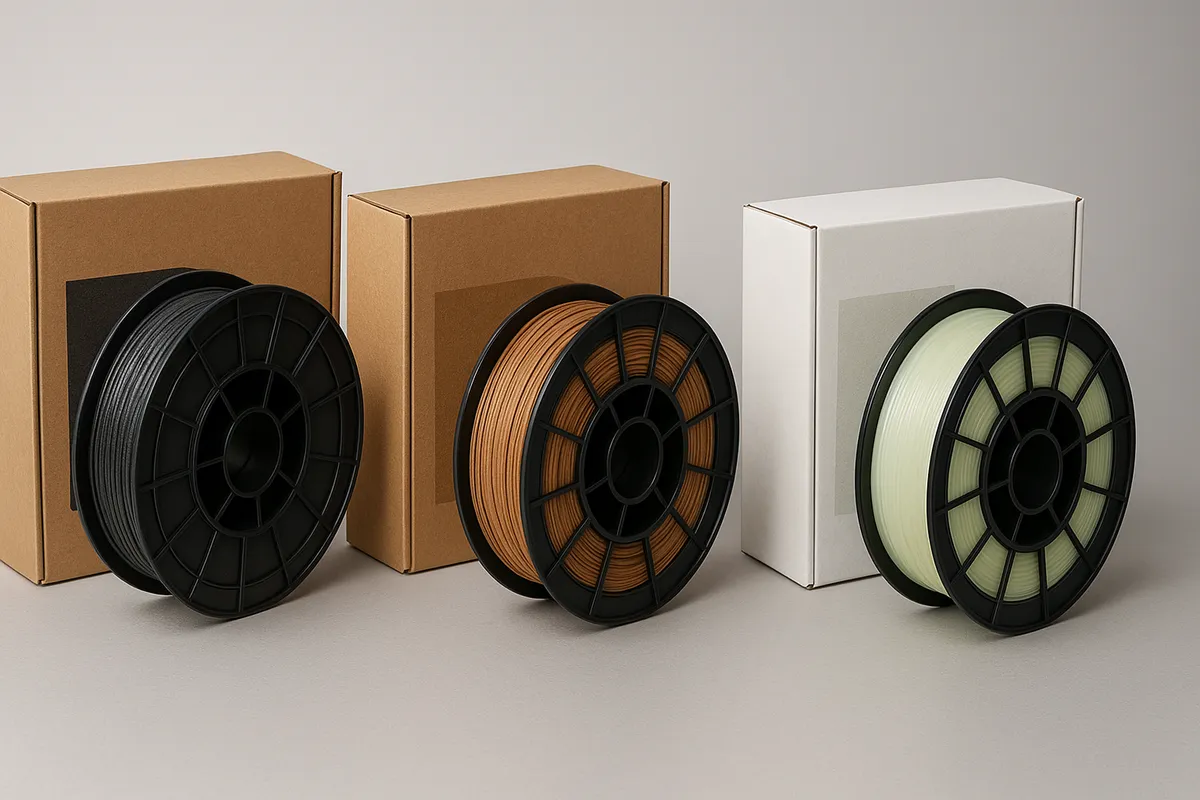 様々な色や素材の3Dプリンター用フィラメントのスプールと比較サンプル。