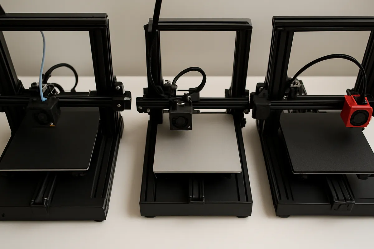 3Dプリンターの選び方を比較検討する様々なモデルとコンポーネントを展示した画像。