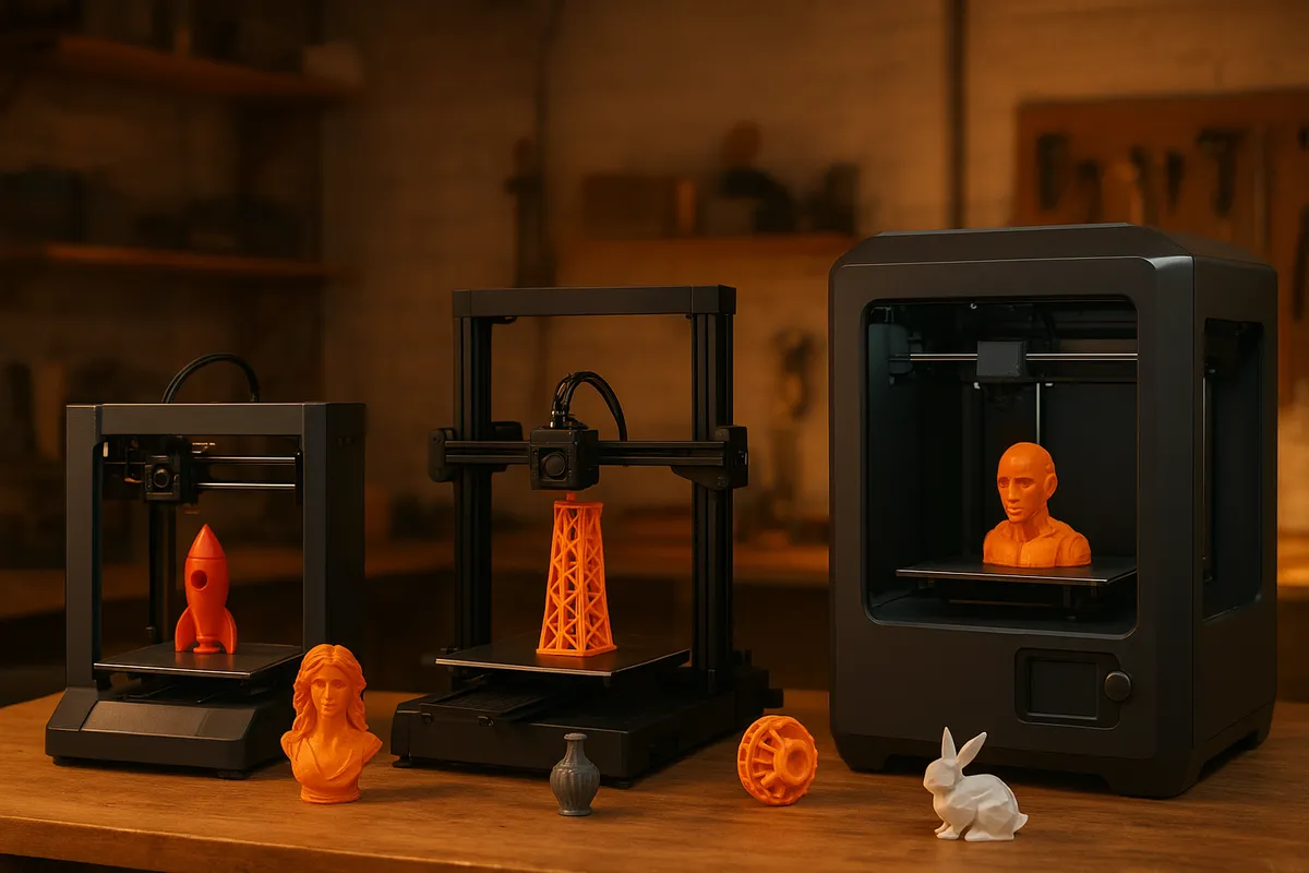 3Dプリンターの選び方を比較検討する様々なモデルとコンポーネントを展示した画像。