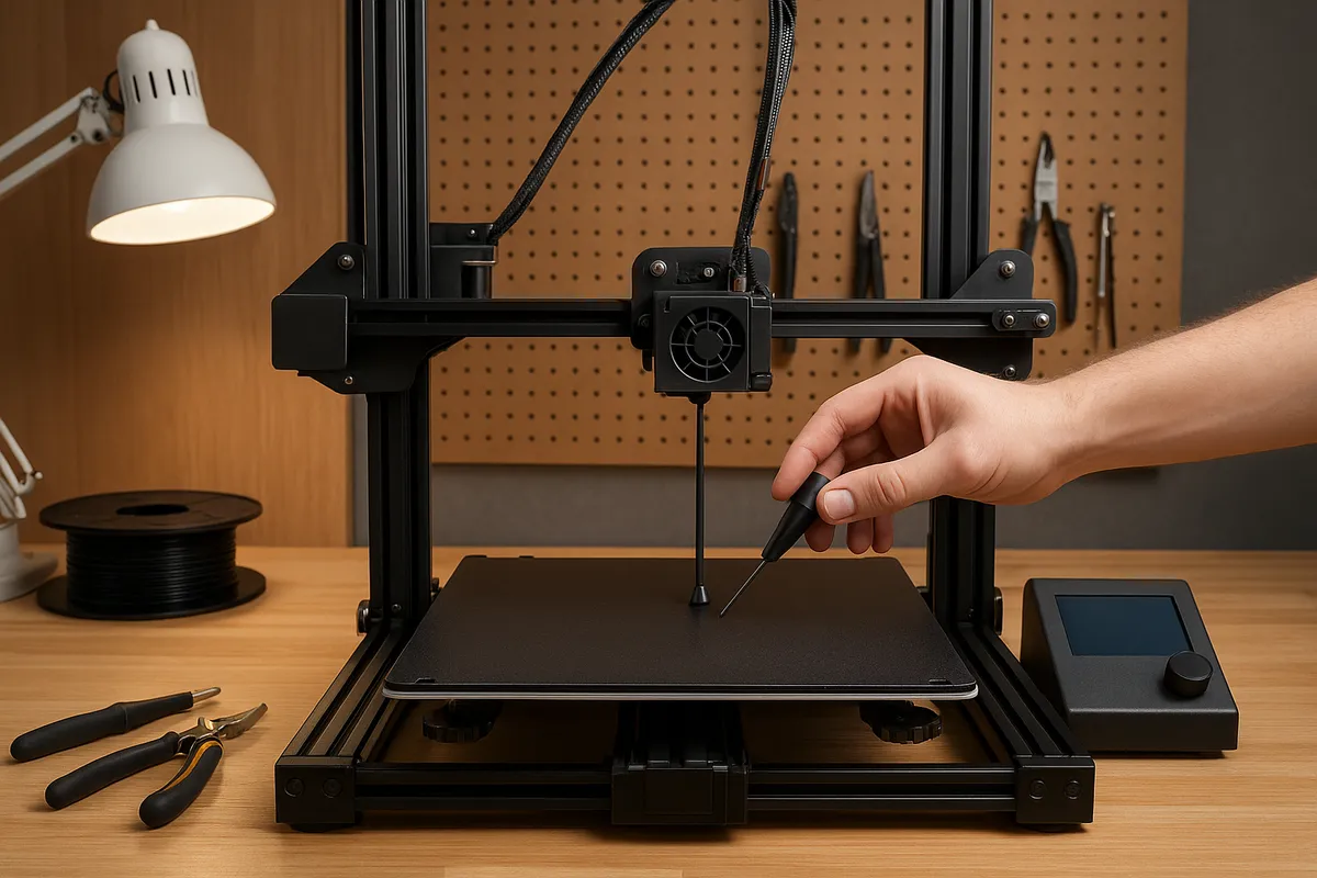 3Dプリンターのセットアップと細かい調整作業を示す複数の実践的なイメージ集