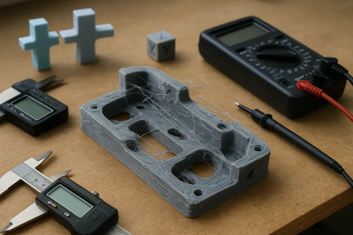 3Dプリンターの一般的なトラブル箇所と診断・修理の道具を示した実践的な写真素材。