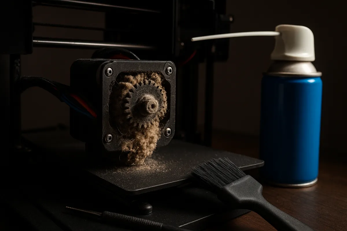 3Dプリンターの一般的なトラブル箇所と診断・修理の道具を示した実践的な写真素材。