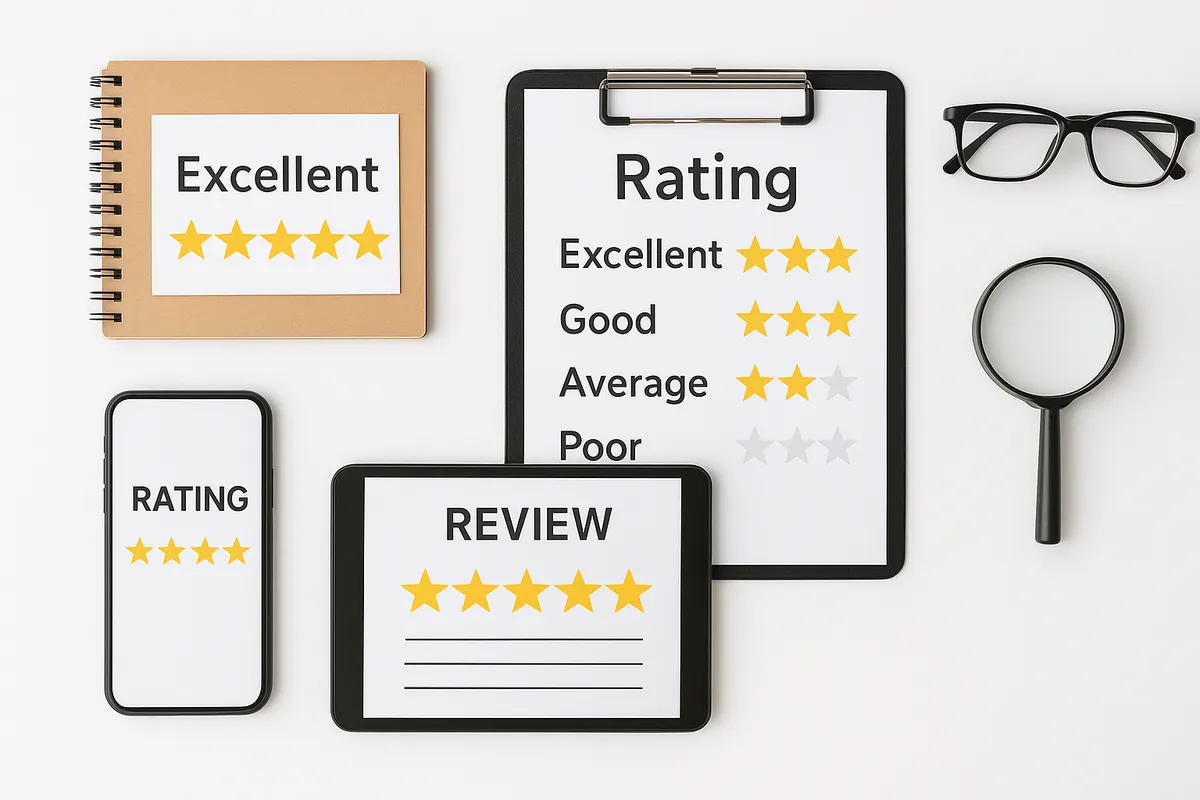 製品レビューと評価プロセスの様々なシーンを示すストック写真スタイルの画像集。