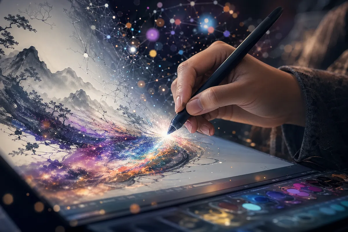 AIを活用した画像生成とデジタルデザインプロセスの概念イラスト