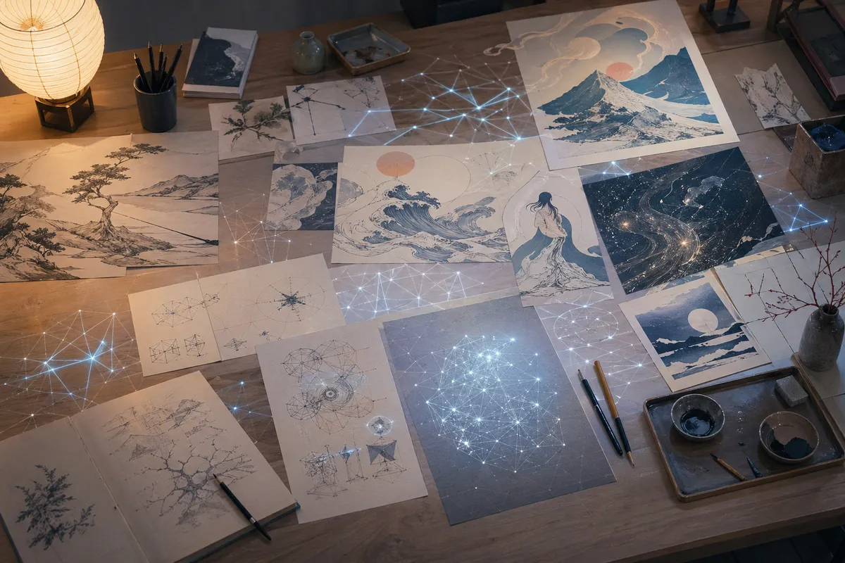 AIを活用した画像生成とデジタルデザインプロセスの概念イラスト