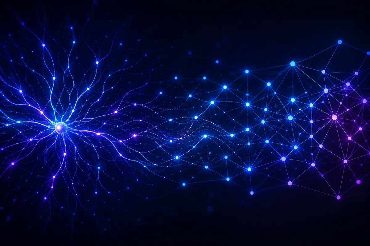 AIと機械学習の基本概念を表現した、青紫色の光るノードとネットワークの抽象的デジタルアート。