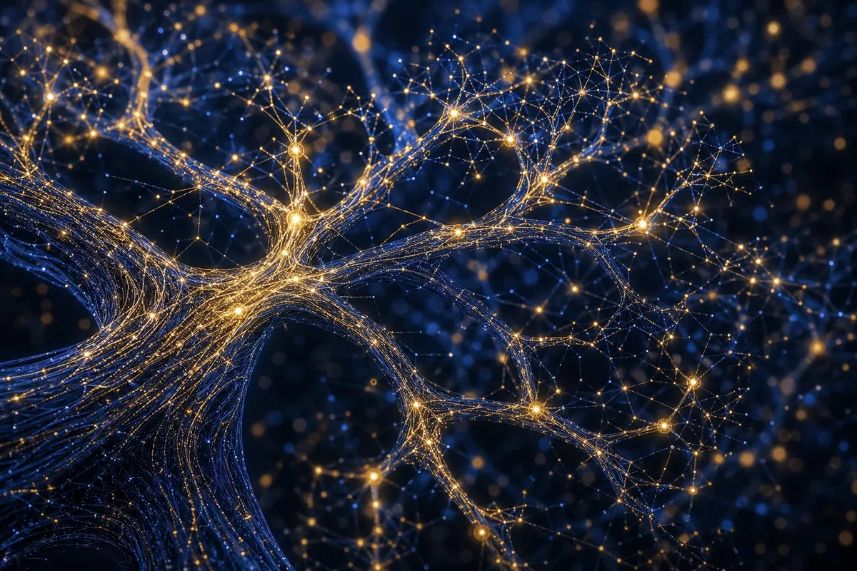 AIと機械学習の基本概念を表現した、青紫色の光るノードとネットワークの抽象的デジタルアート。