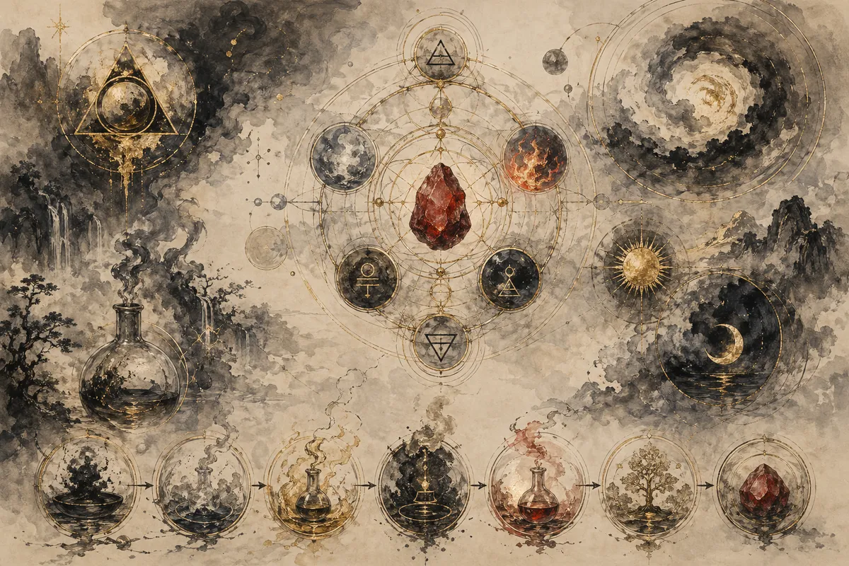 錬金術の歴史と実験装置を描いた幻想的で教育的な科学美術イメージ。