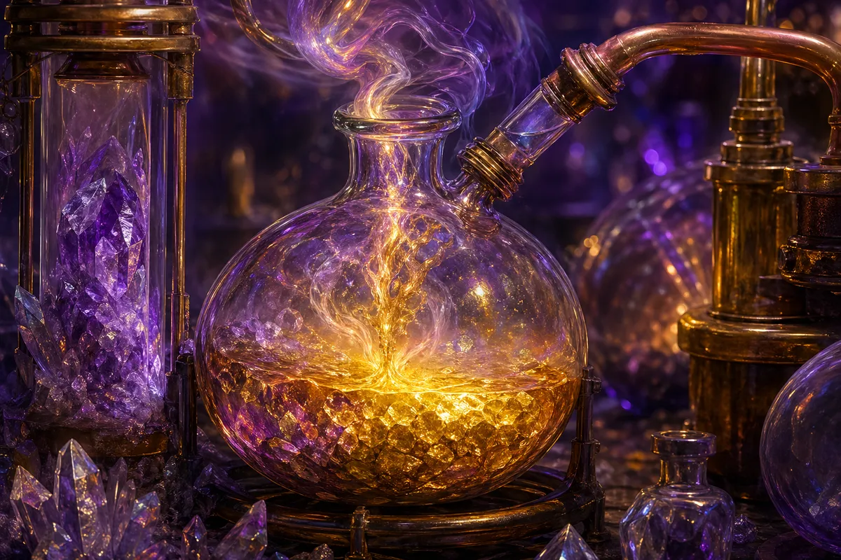 錬金術の歴史と実験装置を描いた幻想的で教育的な科学美術イメージ。