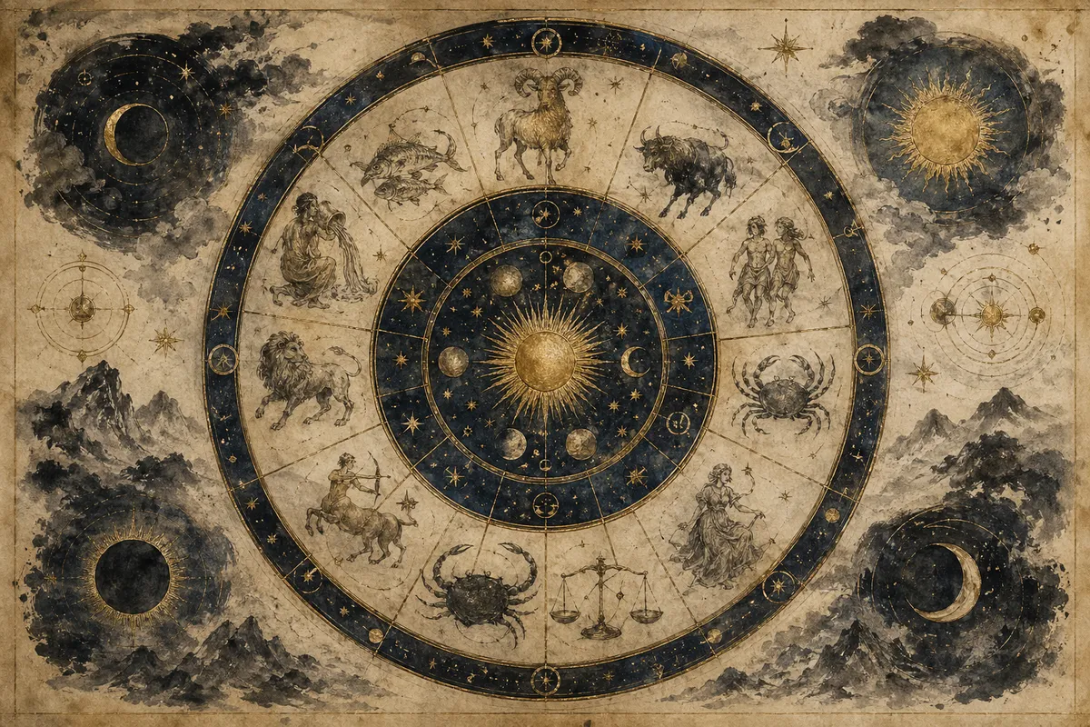 占星術の歴史を象徴する古代の占星盤と星図の抽象的なイラストレーション。
