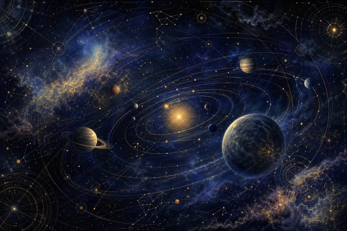 占星術の歴史を象徴する古代の占星盤と星図の抽象的なイラストレーション。