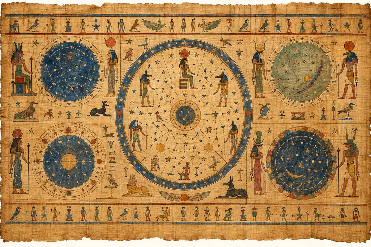 占星術の歴史を象徴する古代の占星盤と星図の抽象的なイラストレーション。