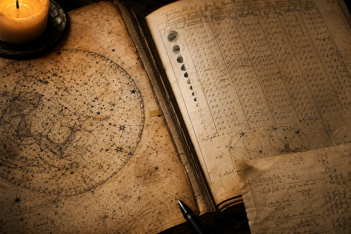 占星術の歴史を象徴する古代の占星盤と星図の抽象的なイラストレーション。