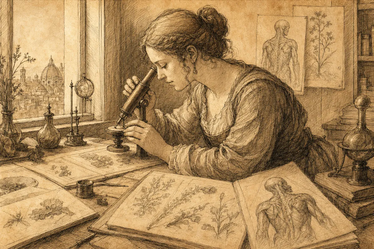 錬金術とオカルト科学の歴史に関わる人物たちの肖像画や学者風景を描いた古典的イラスト。