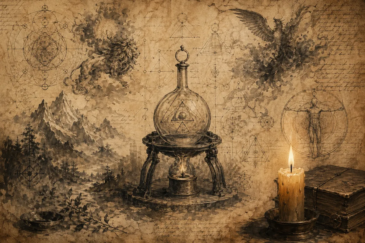 ヘルメス学の古代神秘象徴と錬金術的知識体系を描いた歴史的イラストレーション。