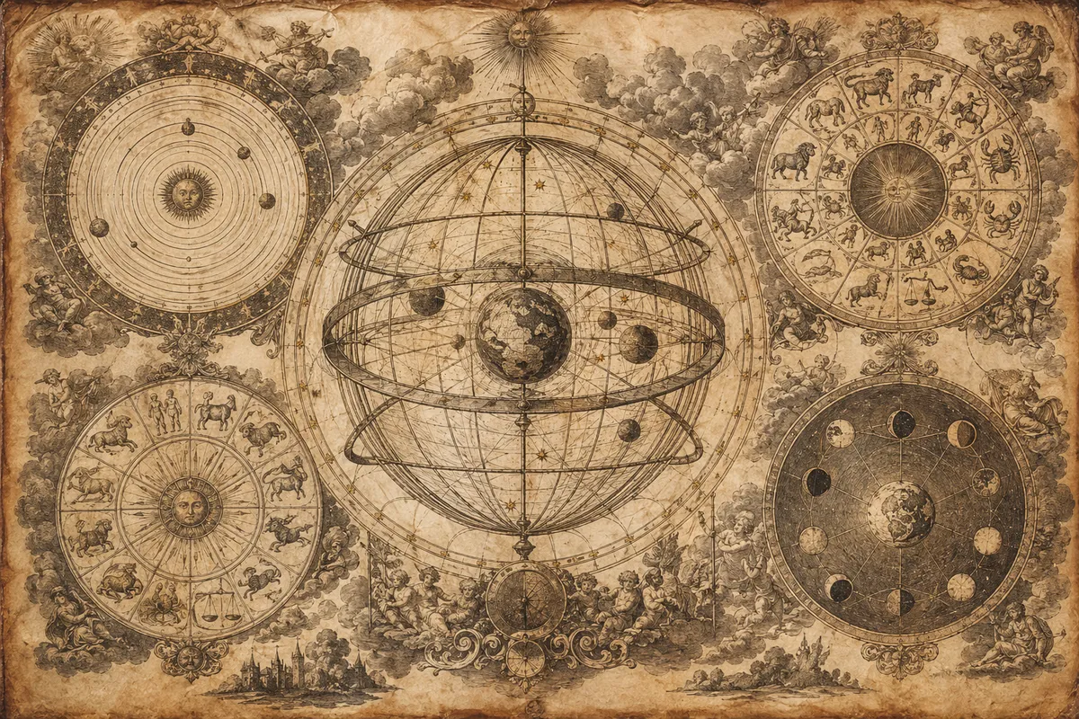 中世錬金術と古代占星術の歴史的遺産を表現した象徴的なイラスト