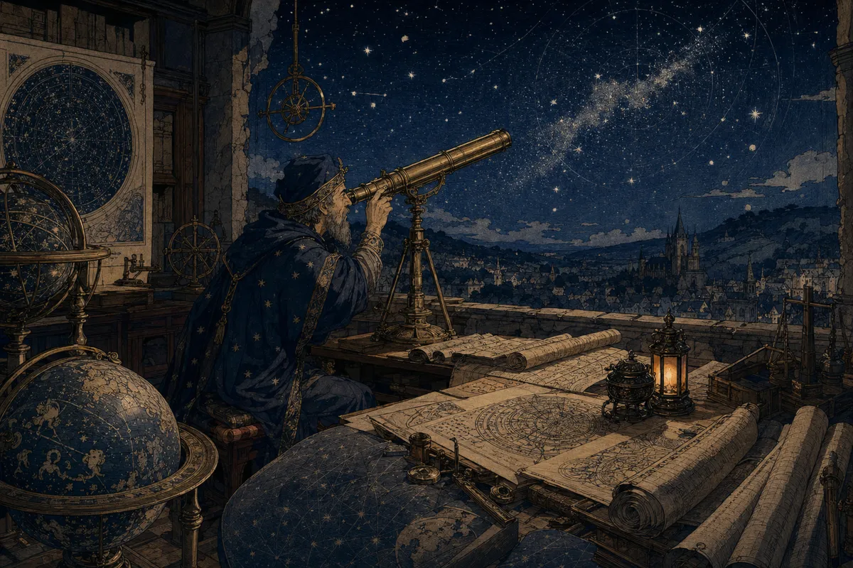 中世錬金術と古代占星術の歴史的遺産を表現した象徴的なイラスト