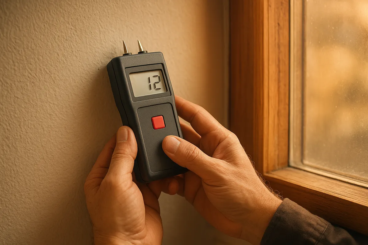 雨漏りの原因となる屋根・天井・壁の水濡れやカビ、湿度測定の診断風景。