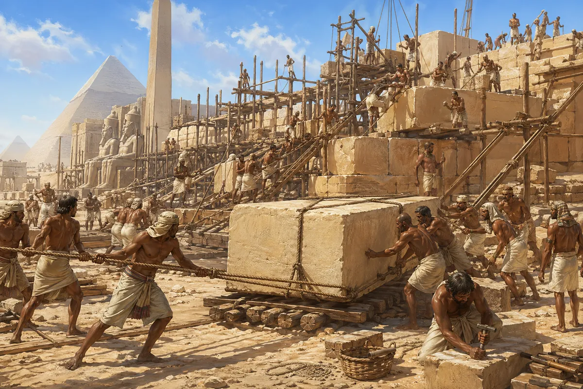 古代エジプト文明の王権と建築技術を象徴する歴史的ビジュアル表現