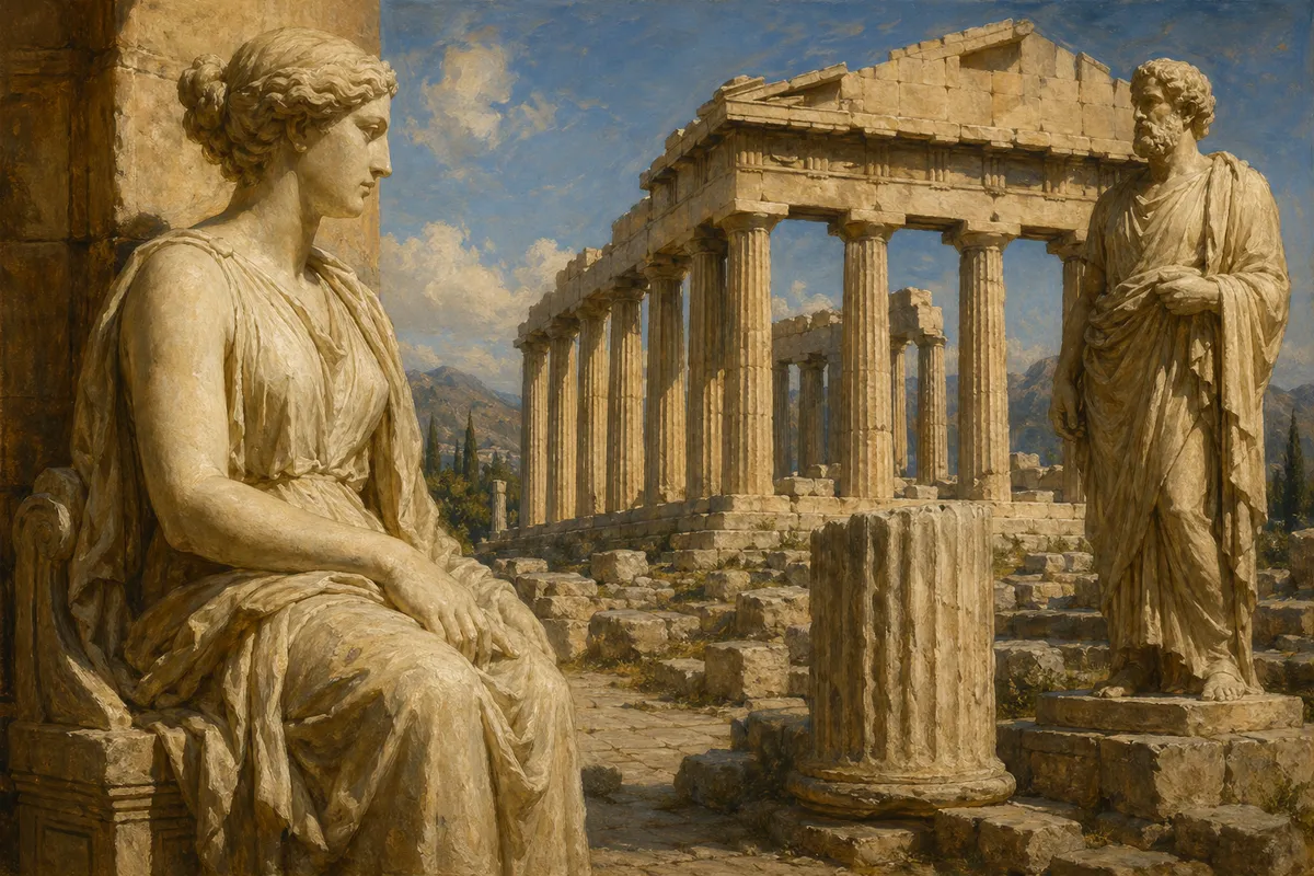 古代ギリシャの建築、彫刻、神話をビジュアルで表現した教養的なイラストレーション