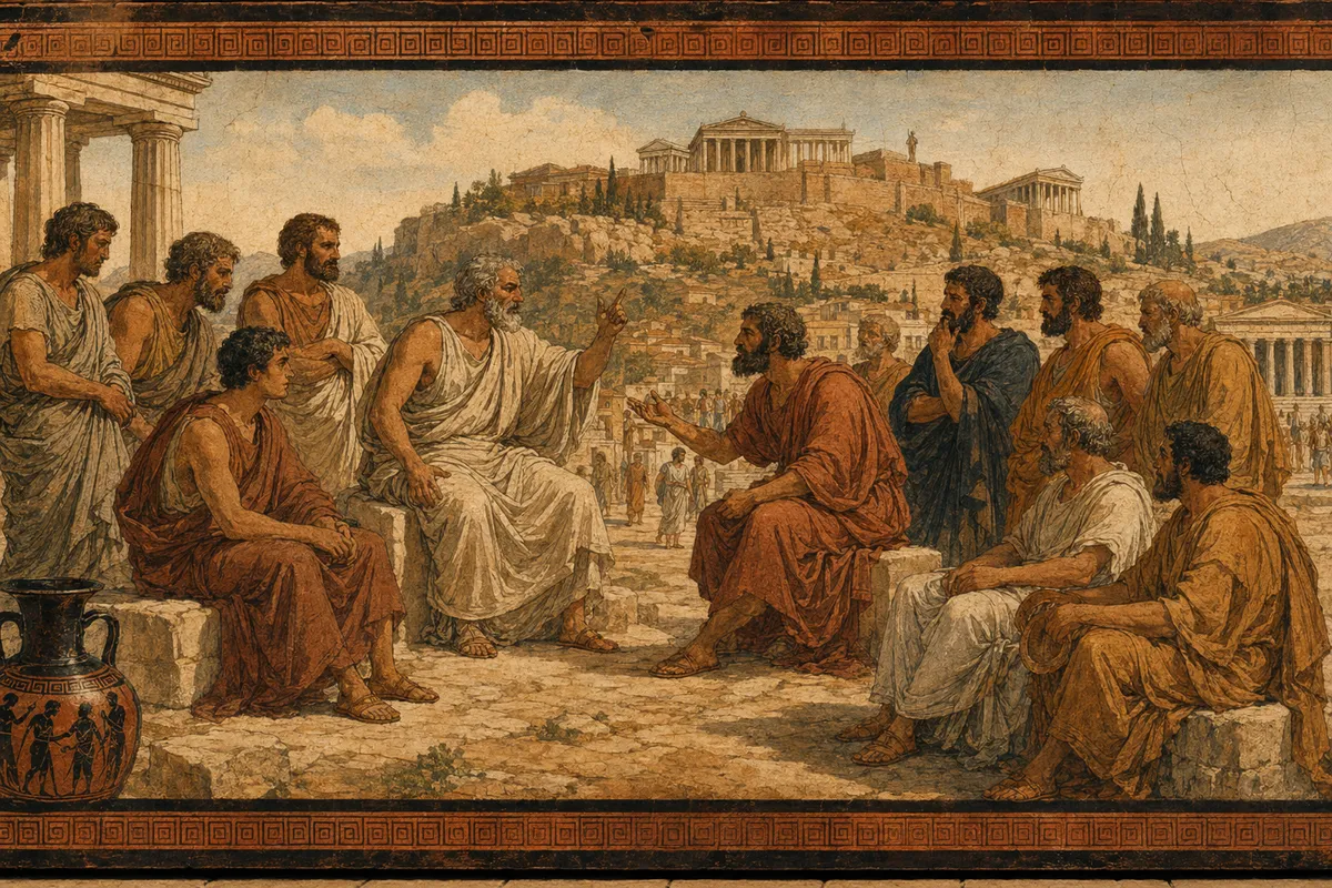 古代ギリシャの建築、彫刻、神話をビジュアルで表現した教養的なイラストレーション