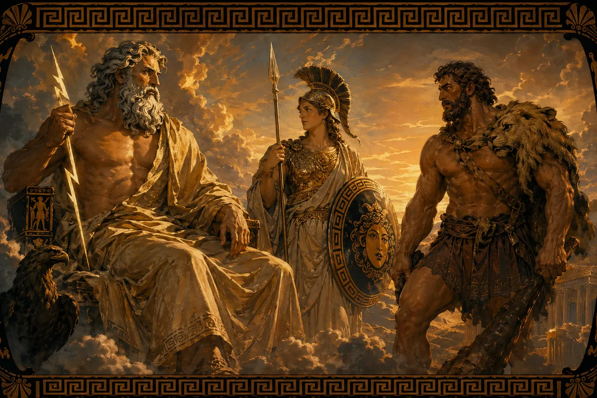 古代ギリシャの建築、彫刻、神話をビジュアルで表現した教養的なイラストレーション