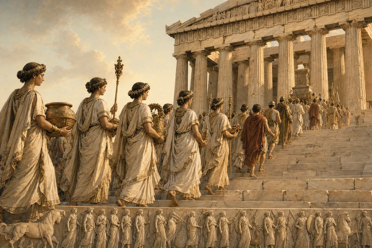 古代ギリシャの建築、彫刻、神話をビジュアルで表現した教養的なイラストレーション