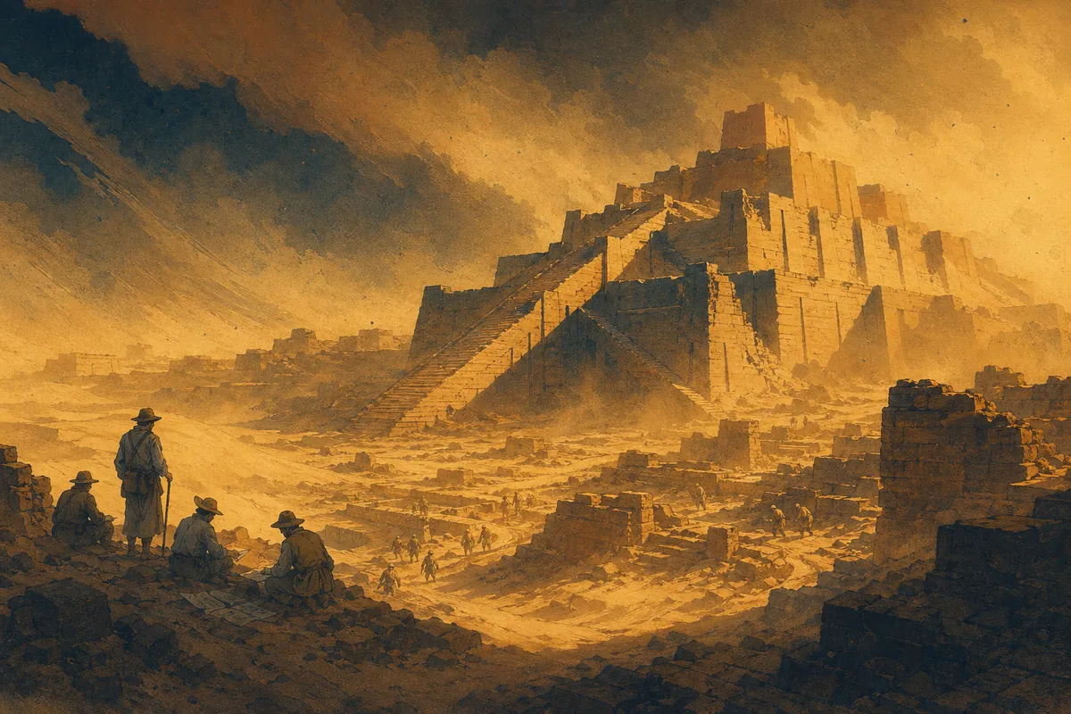 古代文明の謎と未解明の遺跡を描いた神秘的なアート。