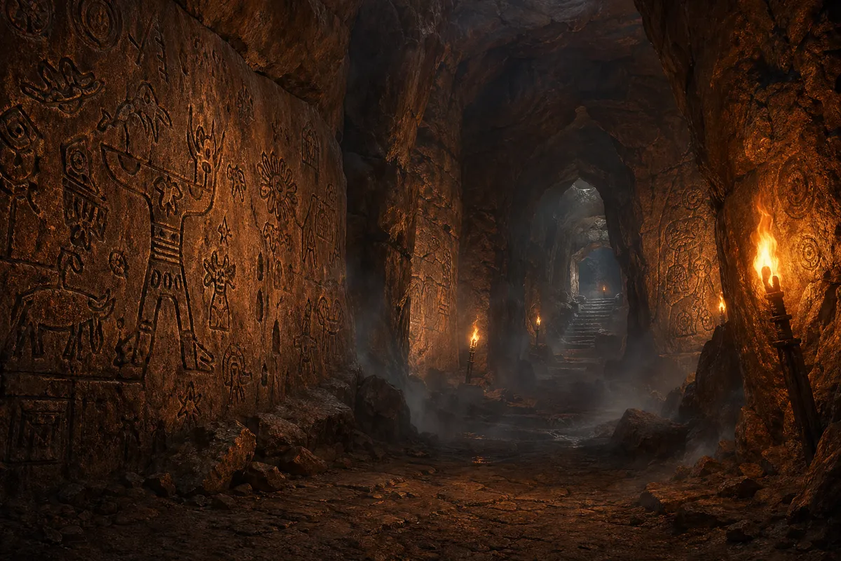 古代文明の謎と未解明の遺跡を描いた神秘的なアート。
