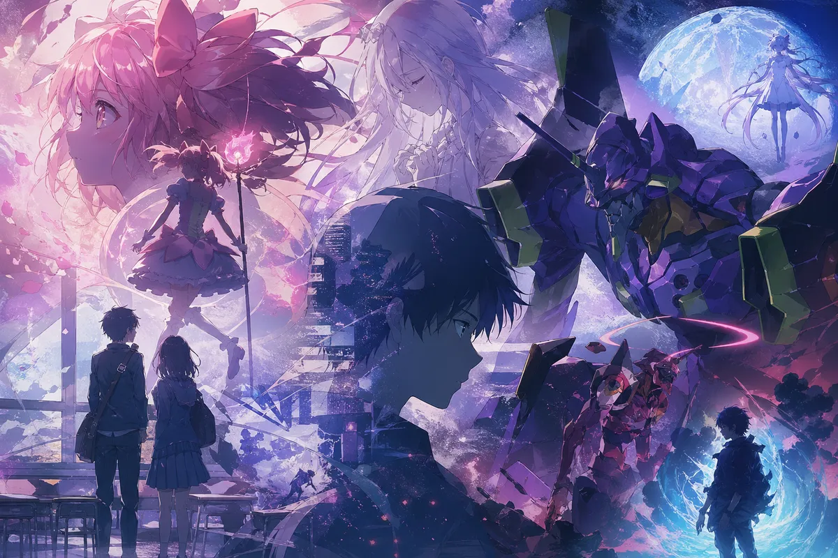 アニメキャラクターと要素を組み合わせた、カラフルで動的なイラスト集。