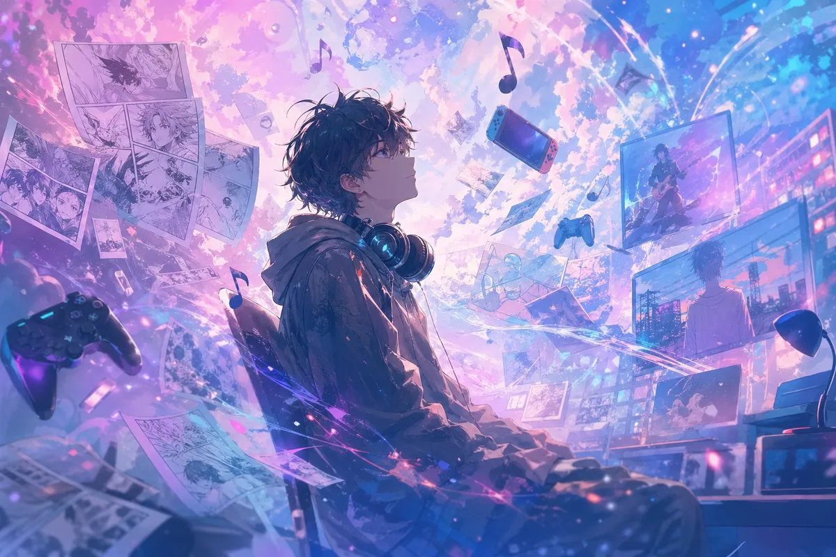 アニメキャラクターと要素を組み合わせた、カラフルで動的なイラスト集。