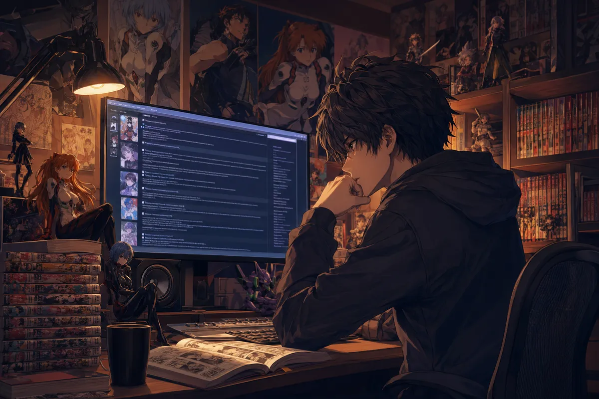 アニメやマンガ、ゲームなどのサブカルチャーについての考察や意見を表現したイラストレーション。