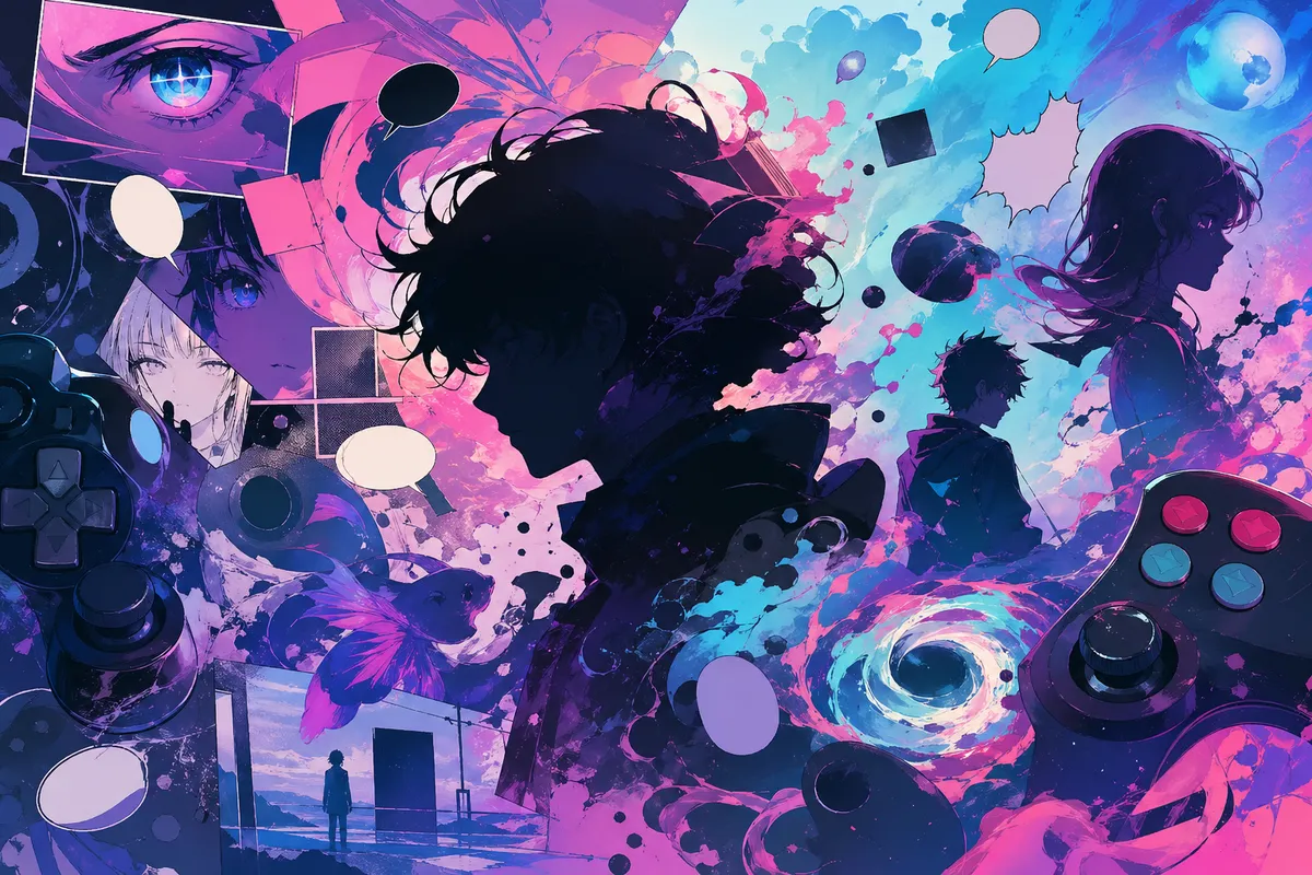 アニメやマンガ、ゲームなどのサブカルチャーについての考察や意見を表現したイラストレーション。