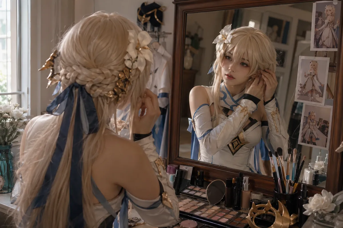 カラフルで詳細なアニメキャラクターのコスプレ衣装を着た人物たちのイラスト