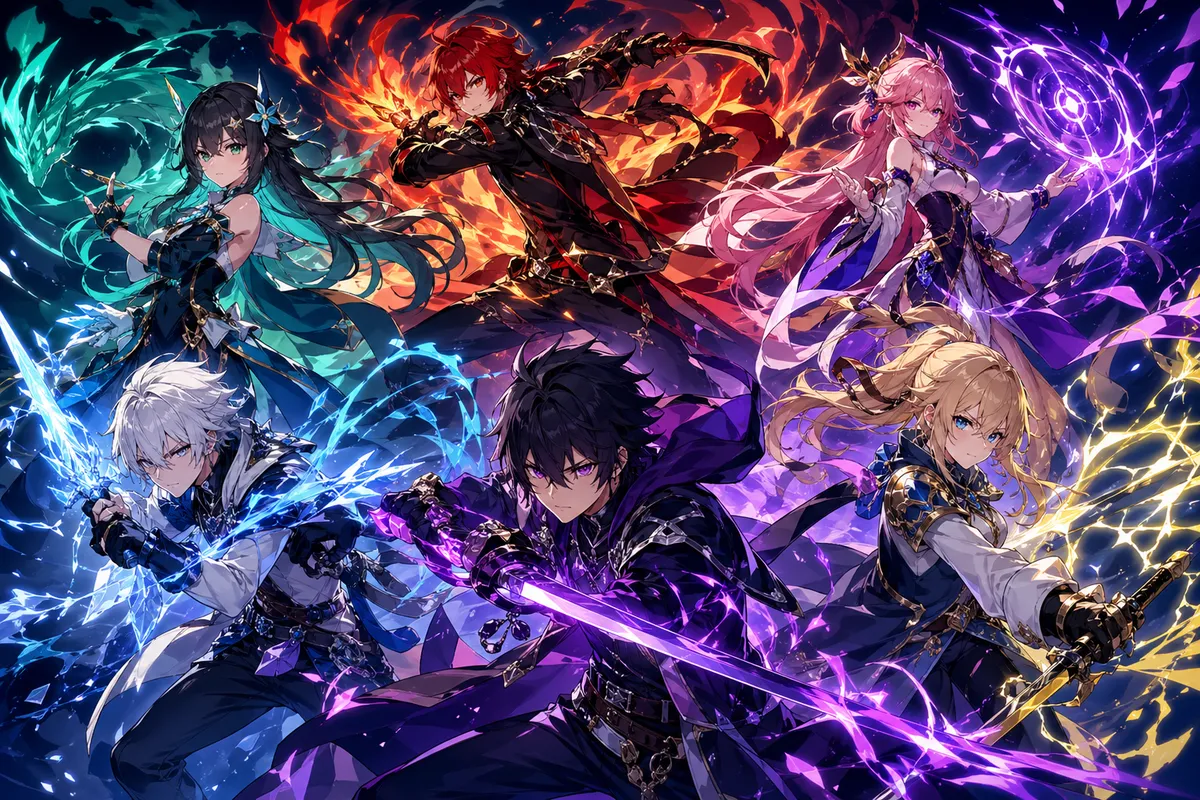 アニメ風ゲームのキャラクターや戦闘シーンを描いたイラスト