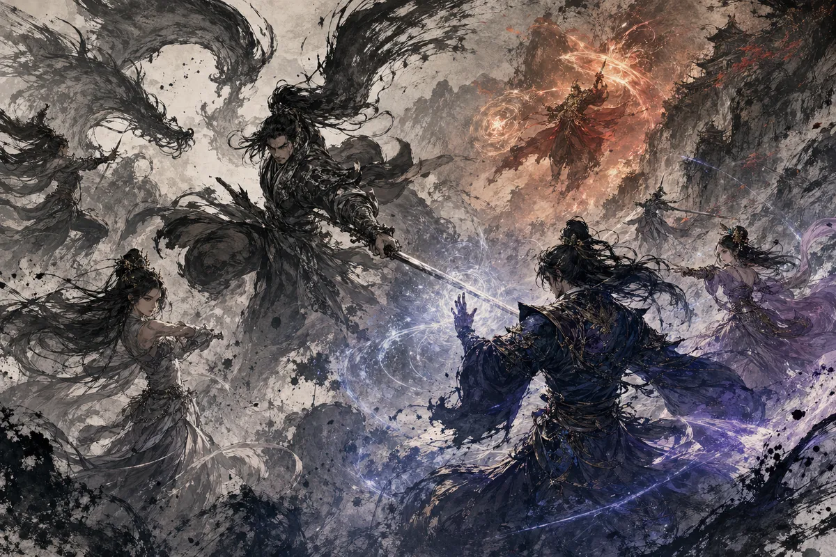アニメ風ゲームのキャラクターや戦闘シーンを描いたイラスト