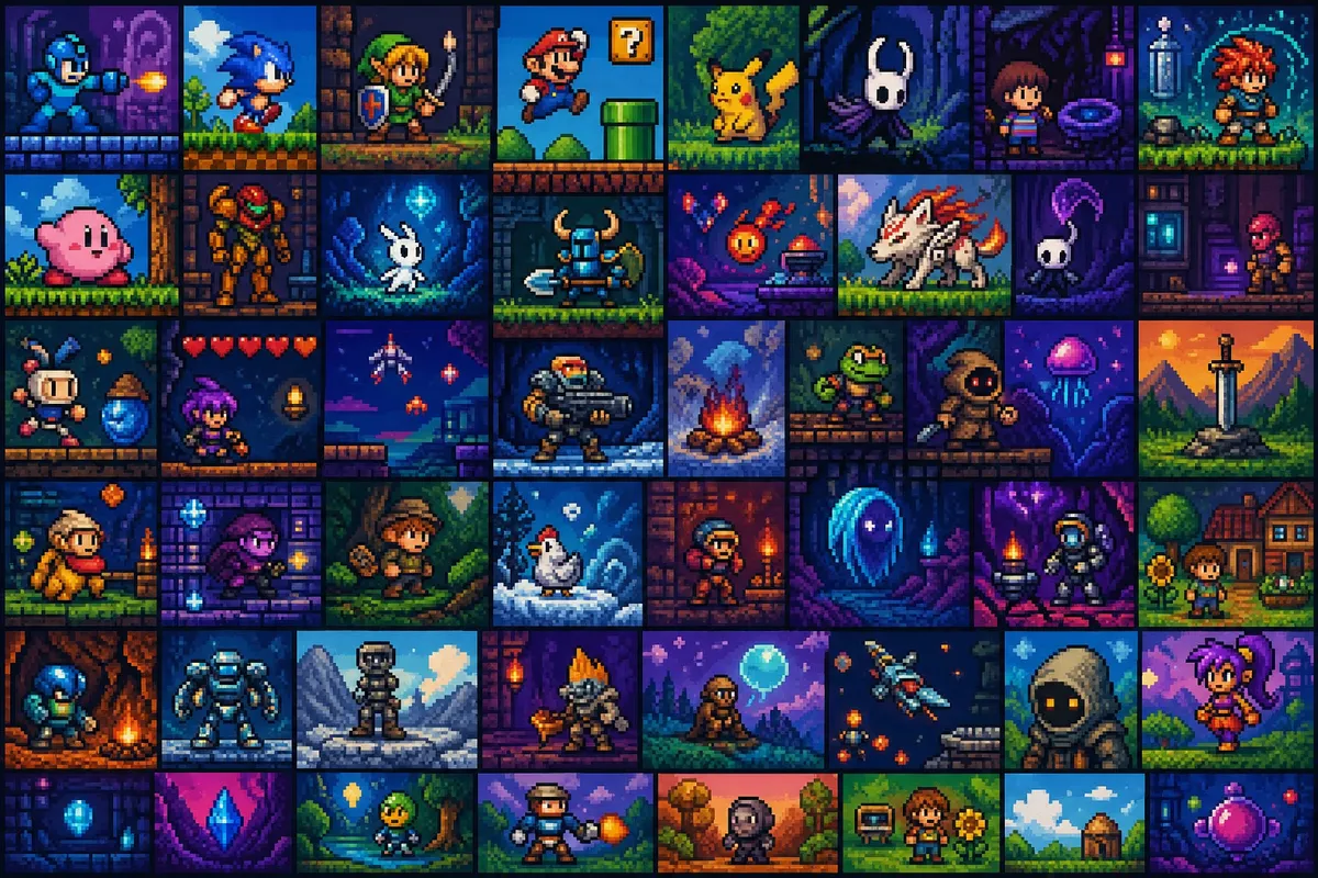 アニメ風ゲームのキャラクターや戦闘シーンを描いたイラスト