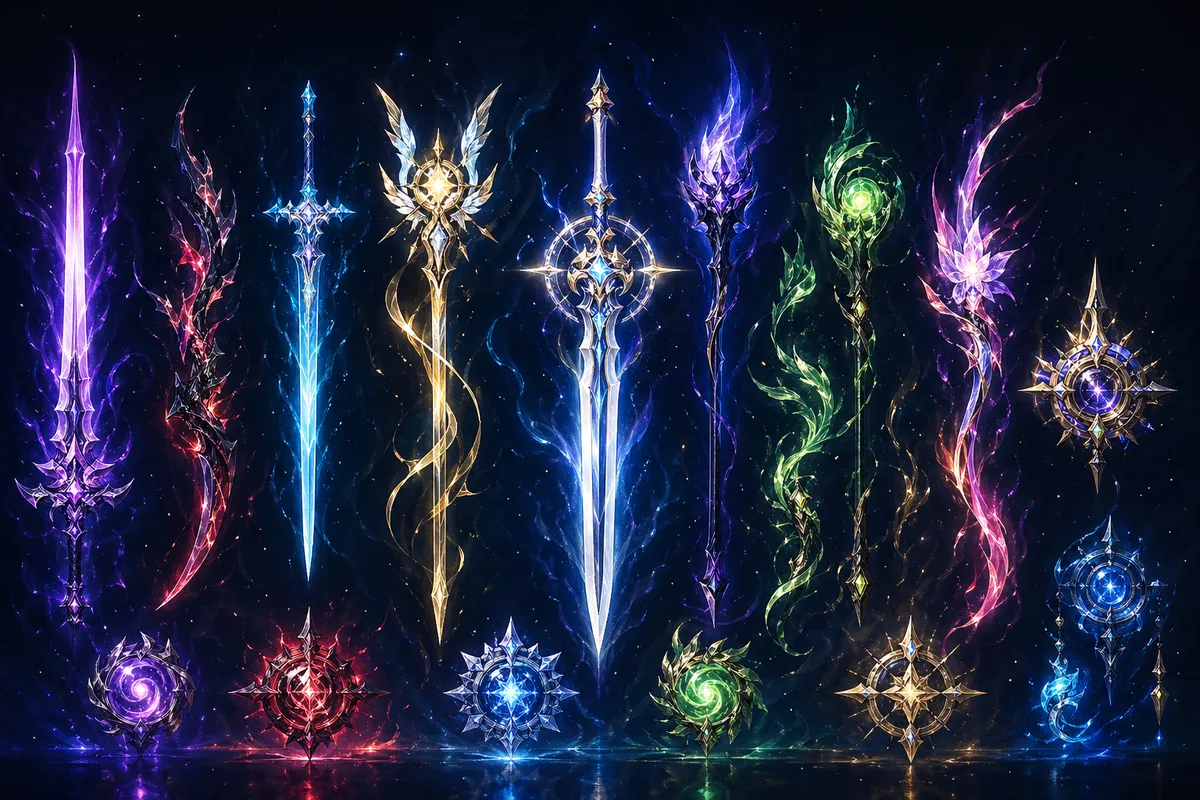 アニメ風ゲームのキャラクターや戦闘シーンを描いたイラスト