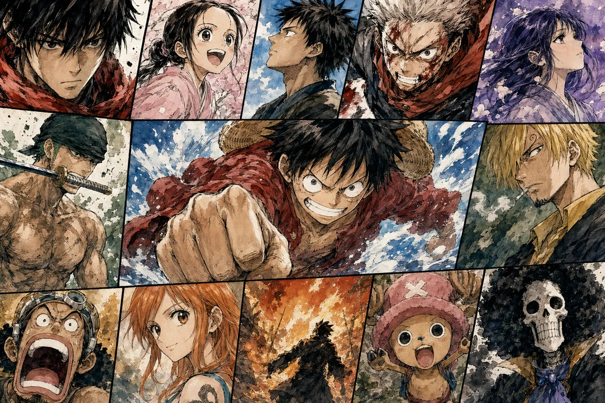 マンガのカラフルなパネルとキャラクター表現を描いた芸術的な合成図