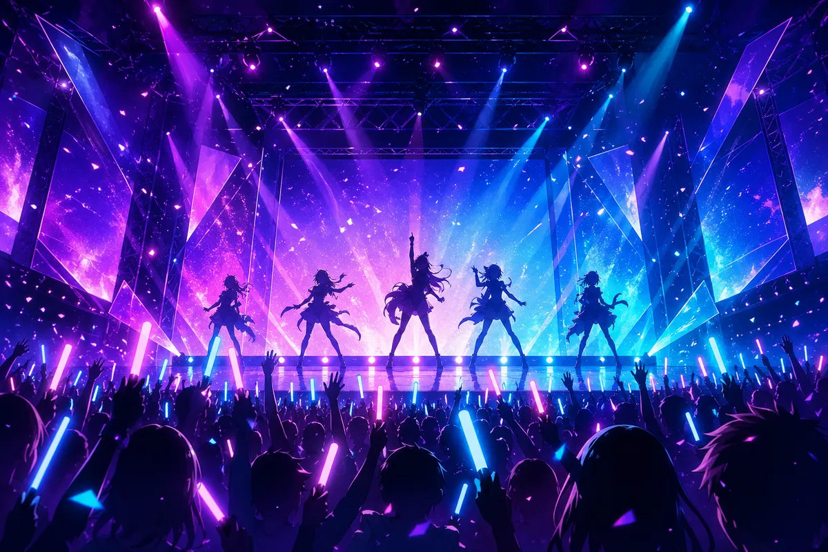 アニメとサブカルチャーに関連する音楽シーンを描いたイラスト