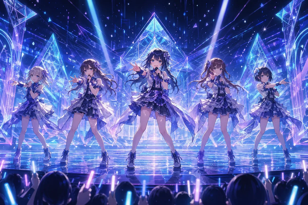 アニメとサブカルチャーに関連する音楽シーンを描いたイラスト