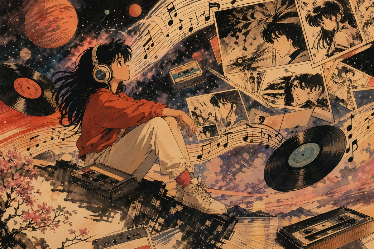 アニメとサブカルチャーに関連する音楽シーンを描いたイラスト